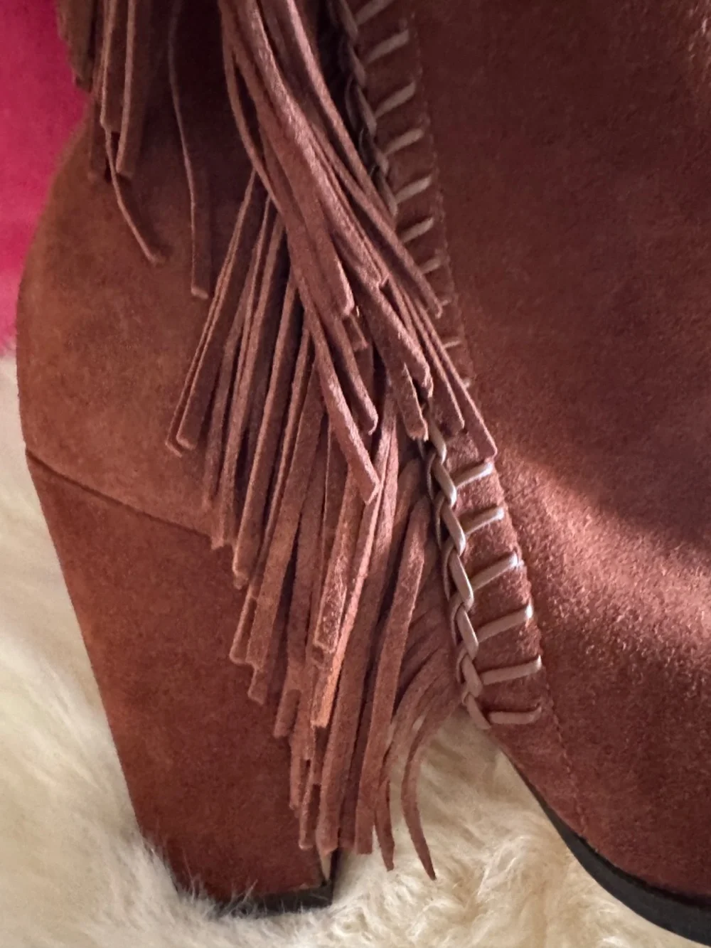 Dolce Vita Rust Brown Suede Fringe Boots pointy toe Western Chic heeled booties